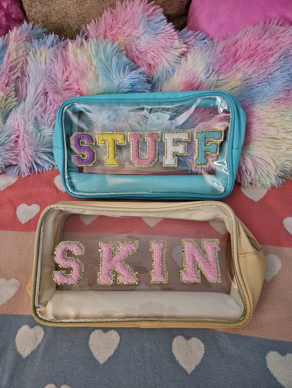 Clear Travel Pouches – Turquoise and Beige Set of Two - STUFF and SKIN